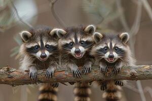 ai generiert Waschbär Baby Gruppe von Tiere hängend aus auf ein Zweig, Niedlich, lächelnd, bezaubernd foto