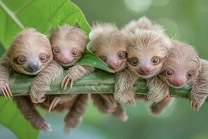 ai generiert Faultier Baby Gruppe von Tiere hängend aus auf ein Zweig, Niedlich, lächelnd, bezaubernd foto