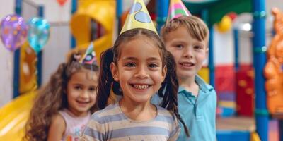 ai generiert glücklich Kinder im Party Hüte beim Spielplatz haben Spaß foto