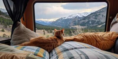 ai generiert zwei Katzen im das van genießen das szenisch Aussicht von Berge durch das Fenster foto