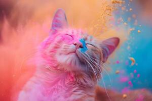 ai generiert felidae Katze mit Rosa und Blau Pulver auf es ist Fleischfresser Gesicht foto