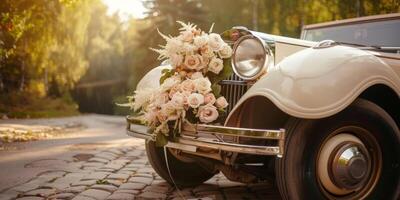 ai generiert ein Hochzeit Auto mit Blume Dekorationen geparkt auf das Straßenrand foto