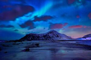 Aurora Borealis Nord Beleuchtung. Lofoten Inseln, Norwegen foto