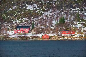 rd rorbu Häuser im Norwegen im Winter foto