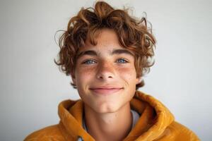 ai generiert Porträt von ein lächelnd Junge mit Sommersprossen auf seine Gesicht foto