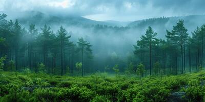 ai generiert Clearing von nebelig Berg Wald im das Morgen, schön Natur Landschaft. foto