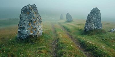 ai generiert Reihen von uralt Megalith Steine auf ein nebelig Morgen im ein Wiese foto