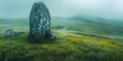 ai generiert mysteriös einsam Megalith im ein Morgen Nebel foto