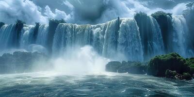 ai generiert Panorama- Aussicht von groß kraftvoll Wasserfall foto