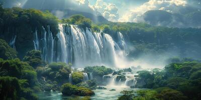 ai generiert schön Panorama- Aussicht von ein Kaskade von tropisch Wasserfälle foto