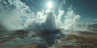 ai generiert ausbrechen Wasser Geysir im das Sonne Strahlen foto