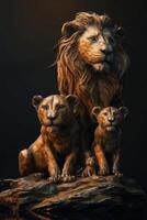 ai generiert ein Statuette von ein Familie von Löwen auf ein schwarz Hintergrund foto