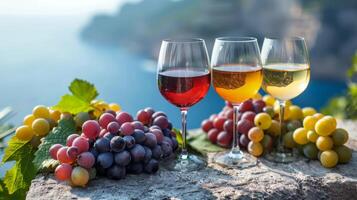 ai generiert Brille von kalt Wein mit frisch Trauben auf ein sonnig Strand durch das Meer foto