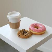 ai generiert ein Karton Kaffee Tasse und zwei Donuts sind auf das Tabelle foto