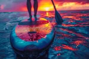 ai generiert ein Mann schwimmt auf ein sup Tafel gegen das Hintergrund von ein Blau Meer foto