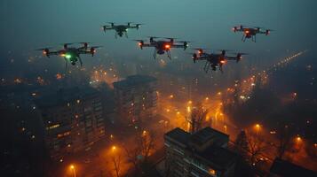 ai generiert ein Geschwader von unbemannt Antenne Fahrzeuge Patrouillen Über das Abend Stadt foto