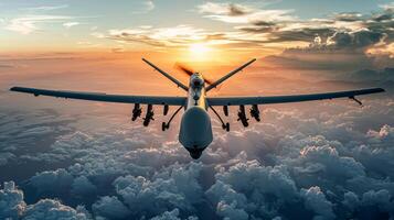 ai generiert ein Militär- unbemannt Antenne Fahrzeug uav Patrouillen fliegend Über das Wolken foto