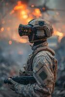 ai generiert ein Soldat tragen virtuell Wirklichkeit Brille Kontrollen ein Quadrocopter. modern Militär- Waffen foto