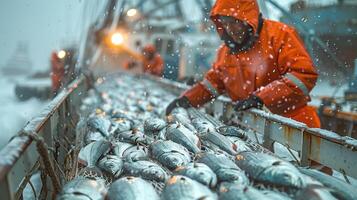 ai generiert ein Fischer inspiziert ein gefangen Fisch auf ein Angeln Boot. Angeln im Winter auf das Nord Ozean foto