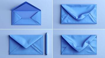 ai generiert einstellen von realistisch Blau Briefumschlag Layouts auf ein Blau Hintergrund foto
