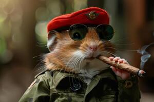 ai generiert ein Hamster im ein Militär- Uniform und ein rot Birette mit ein Zigarre foto