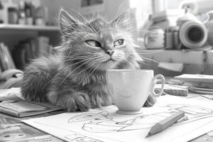 ai generiert das Charakter von das Katze ist Sitzung beim ein Tabelle mit ein Glas von Kaffee. Bleistift Zeichnung. Illustration foto