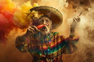 ai generiert ein Alten Mexikaner Mann im ein Sombrero mit Chili Pfeffer im seine Hände foto