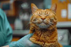 ai generiert zufrieden Ingwer Katze im Veterinär Pflege foto