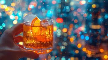 ai generiert Whiskey Glas gegen Stadt Beleuchtung foto