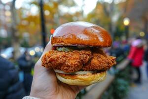 ai generiert Handheld knusprig Hähnchen Burger draußen foto