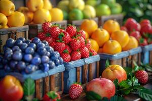 ai generiert bunt frisch Früchte angezeigt beim ein Markt Stall foto