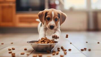 ai generiert ein klein süß Jack Russell Hündchen in der Nähe von ein Schüssel von Lebensmittel. ai generiert foto