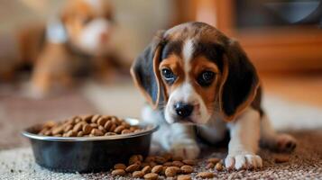 ai generiert ein klein süß Beagle Hündchen in der Nähe von ein Schüssel von Lebensmittel. ai generiert foto