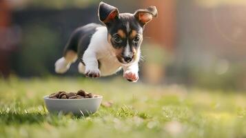 ai generiert ein klein süß Jack Russell Hündchen in der Nähe von ein Schüssel von Lebensmittel. ai generiert foto