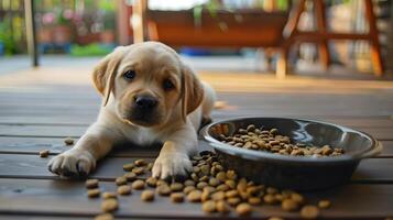 ai generiert ein klein süß Retriever Hündchen in der Nähe von ein Schüssel von Lebensmittel. ai generiert foto