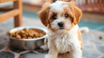 ai generiert ein klein süß Maltipoo Hündchen in der Nähe von ein Schüssel von Lebensmittel. ai generiert foto