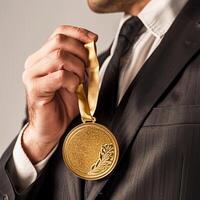 ai generiert Geschäftsmann halten ein Gold Medaille im schwarz Anzug. foto