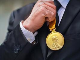 ai generiert Geschäftsmann halten ein Gold Medaille im schwarz Anzug. foto