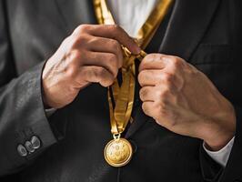 ai generiert Geschäftsmann halten ein Gold Medaille im schwarz Anzug. foto