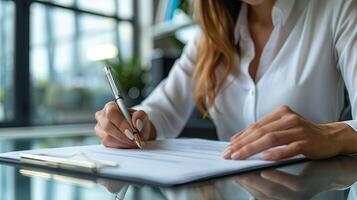 ai generiert Geschäftsfrau mit Stift Unterzeichnung, Schreiben im Büro foto