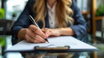 ai generiert Geschäftsfrau mit Stift Unterzeichnung, Schreiben im Büro foto