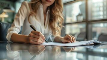 ai generiert Geschäftsfrau mit Stift Unterzeichnung, Schreiben im Büro foto