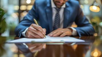 ai generiert Geschäft Mann mit Stift Unterzeichnung, Schreiben foto