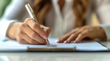 ai generiert Geschäftsfrau mit Stift Unterzeichnung, Schreiben im Büro foto