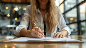 ai generiert Geschäftsfrau mit Stift Unterzeichnung, Schreiben im Büro foto