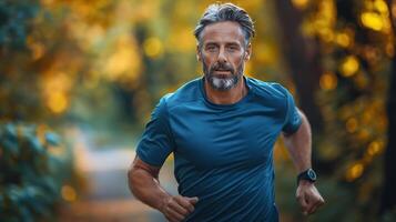 ai generiert reifen Mann Joggen im sonnendurchflutet Park foto