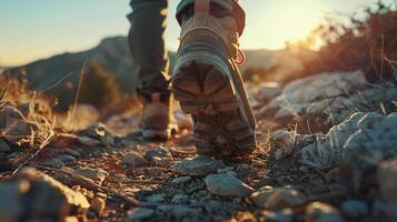 ai generiert Wanderer Stiefel auf Berg Weg beim Sonnenuntergang. ein Nahansicht Schuss von ihr links Fuß von das Boden. ein filmisch Foto von ein Szene von ein Wanderer Wandern