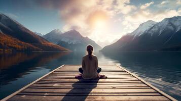 ai generiert Ruhe Abend Meditation Szene von ein jung Frau ist meditieren während Sitzung auf hölzern Seebrücke draußen mit schön See und Berge Natur. Wellness Seele Konzept Vor Sonnenuntergang foto