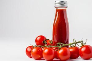 ai generiert klassisch Ketchup Flasche und Tomaten isoliert auf Weiß Hintergrund foto