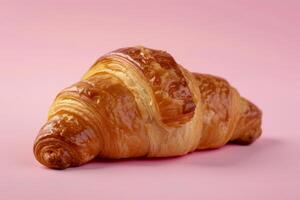 ai generiert frisch und lecker Croissant Über Rosa Hintergrund foto